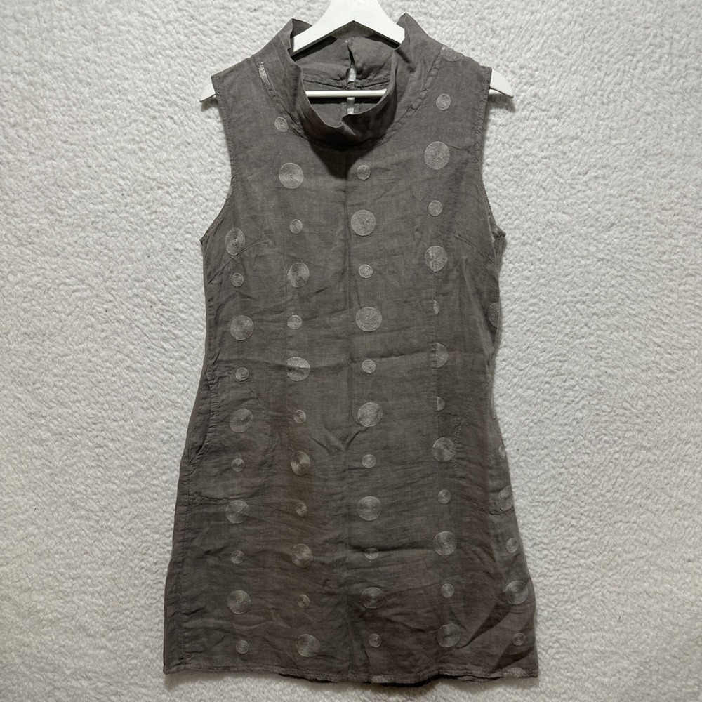 LINA TOMEI Women's Shift Dress Size‎ M Linen Embroidered Dot Lagenlook Taupe